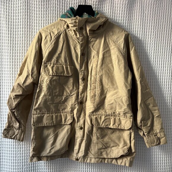 Woolrich women's med/large tan jacket hood pockets plaid lining gorpcore twee - Picture 1 of 5